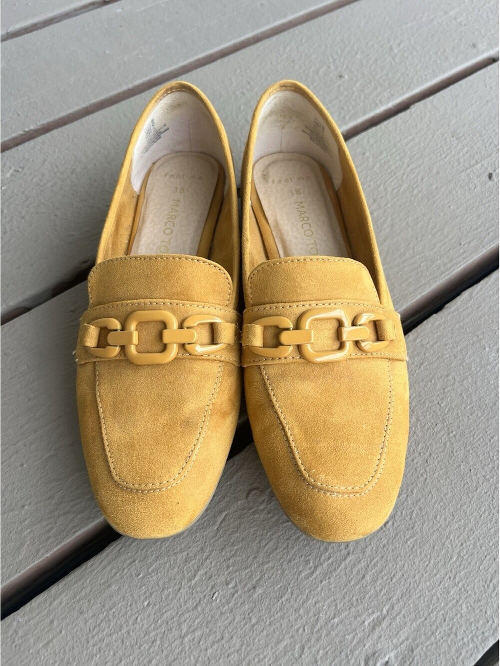 Marco Tozzi mustard yellow suede loafers chain buckle 38 Women’s 7.5